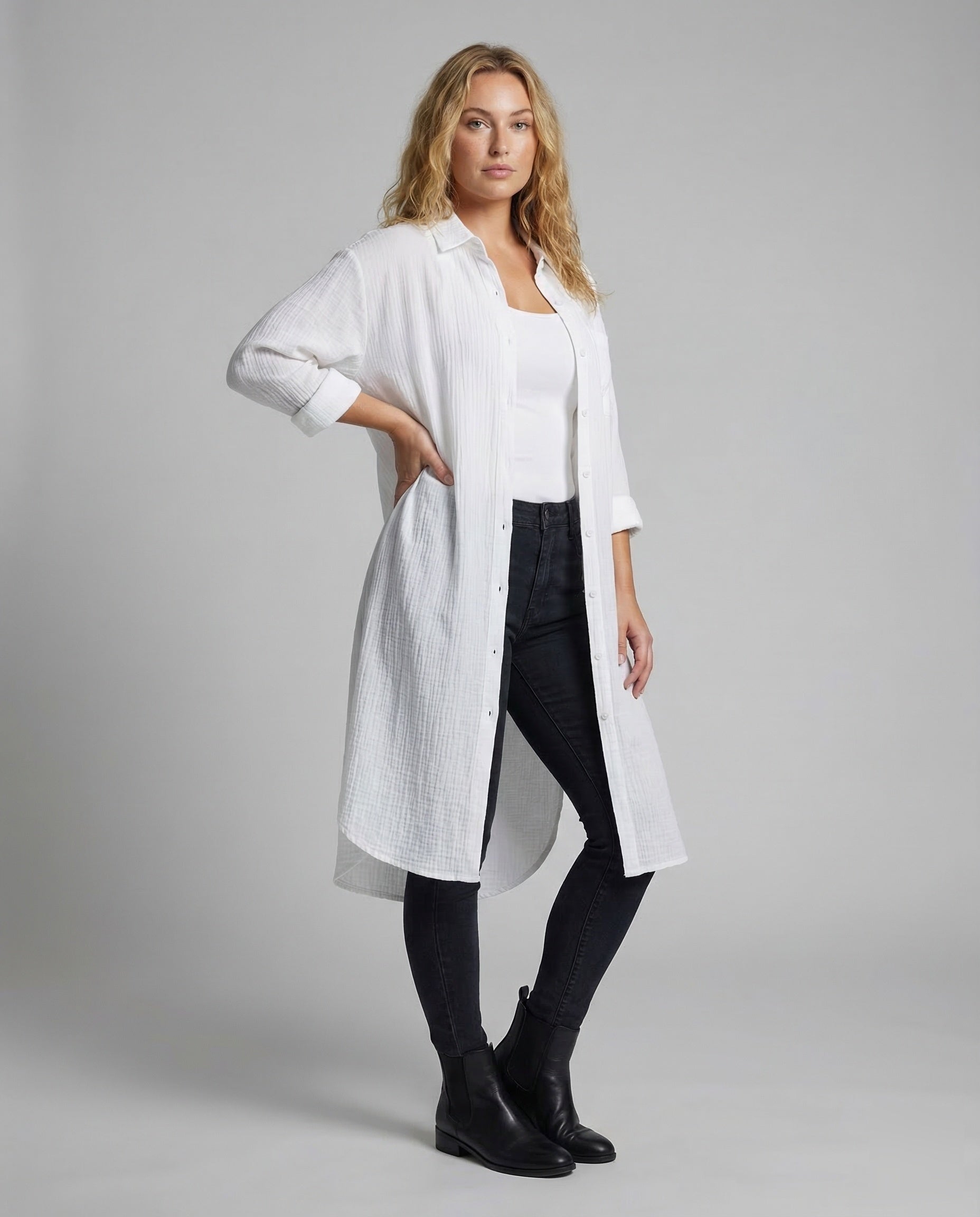Damen Hemdmantel Knielang Musselin - Eveloria