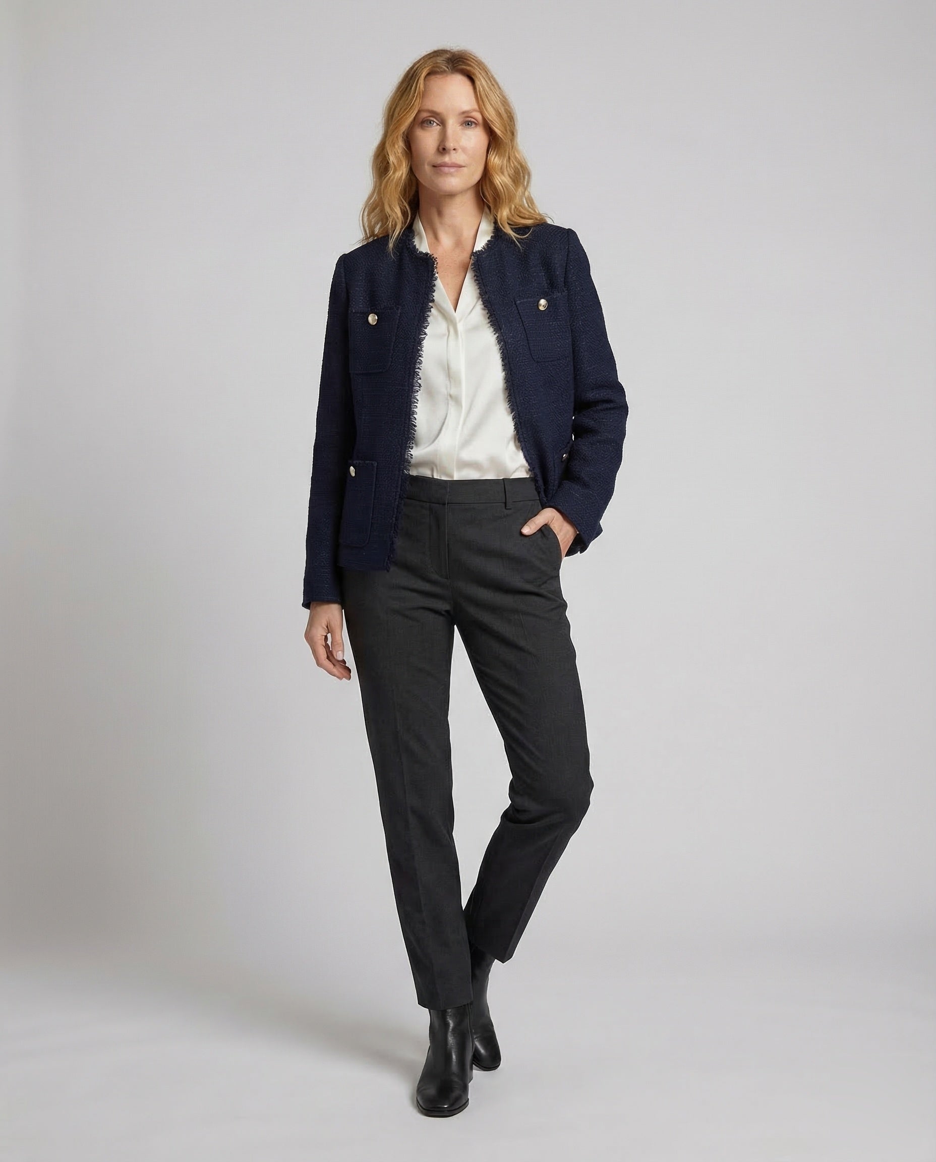 Damen Bouclé-Jacke Ohne Kragen Mit Fransenbesatz - Eveloria