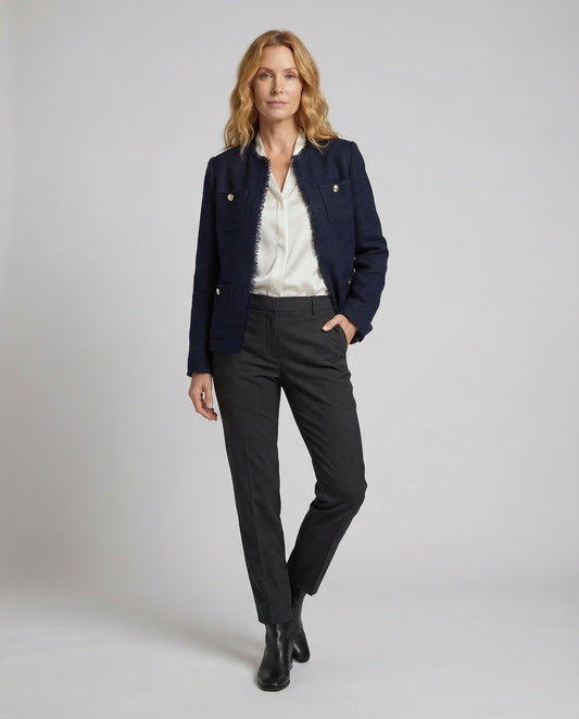 Damen Bouclé-Jacke Ohne Kragen Mit Fransenbesatz - Eveloria