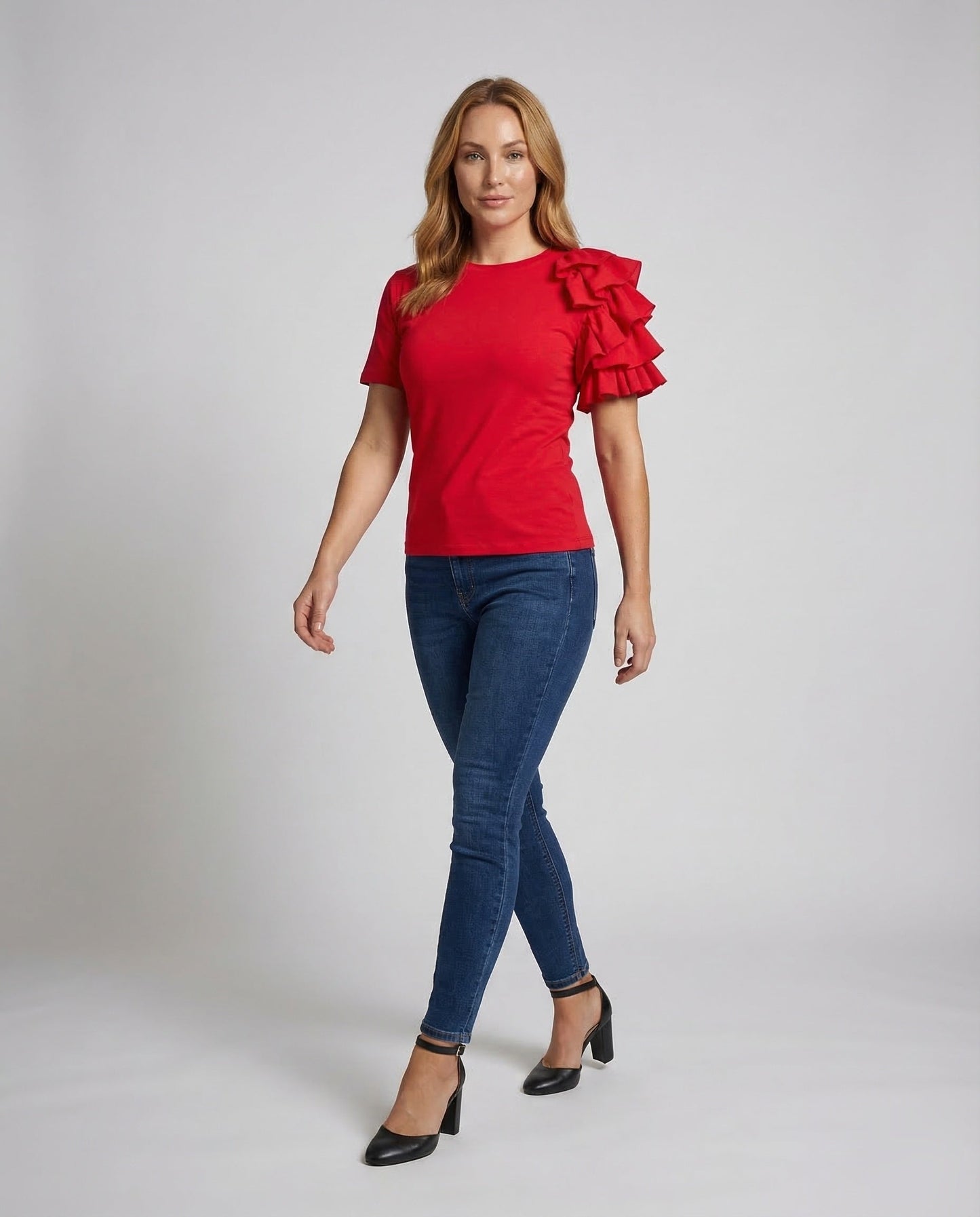 Damen Kurzarmshirt Rundhals Volant Schulter - Eveloria