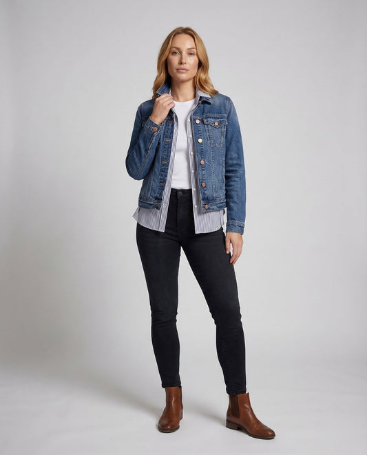 Damen Denimjacke Kurz Brusttaschen Blau - Eveloria