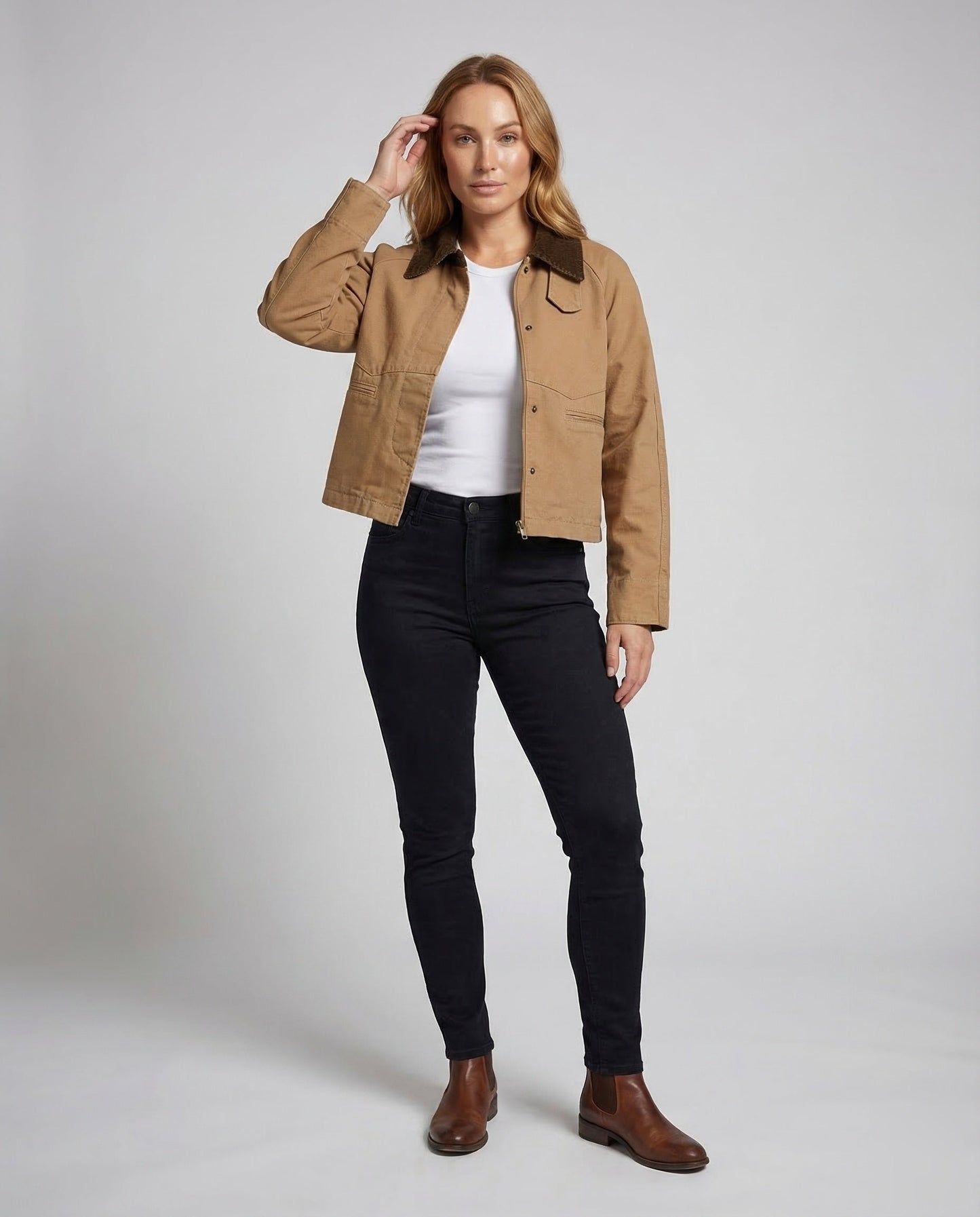 Damen Kurze Canvas-Workjacke Cordkragen - Eveloria