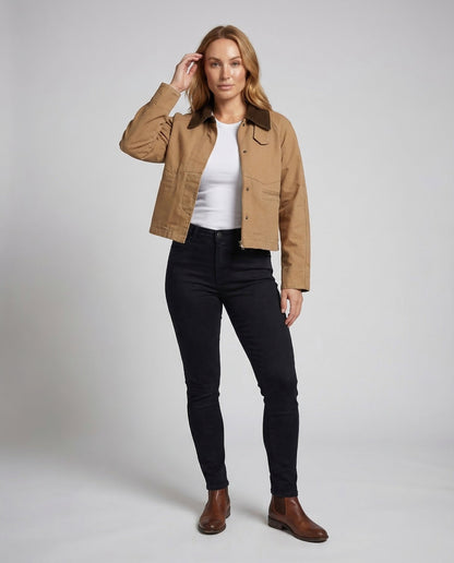 Damen Kurze Canvas-Workjacke Cordkragen - Eveloria