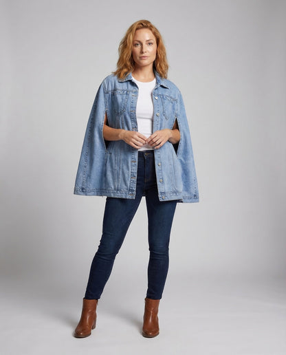 Damen Oversize Jeansmantel mit Cape-Ärmeln - Eveloria