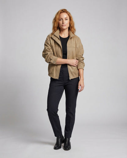 Damen Oversize Lederblouson Stehkragen Wildleder Schwarz - Eveloria