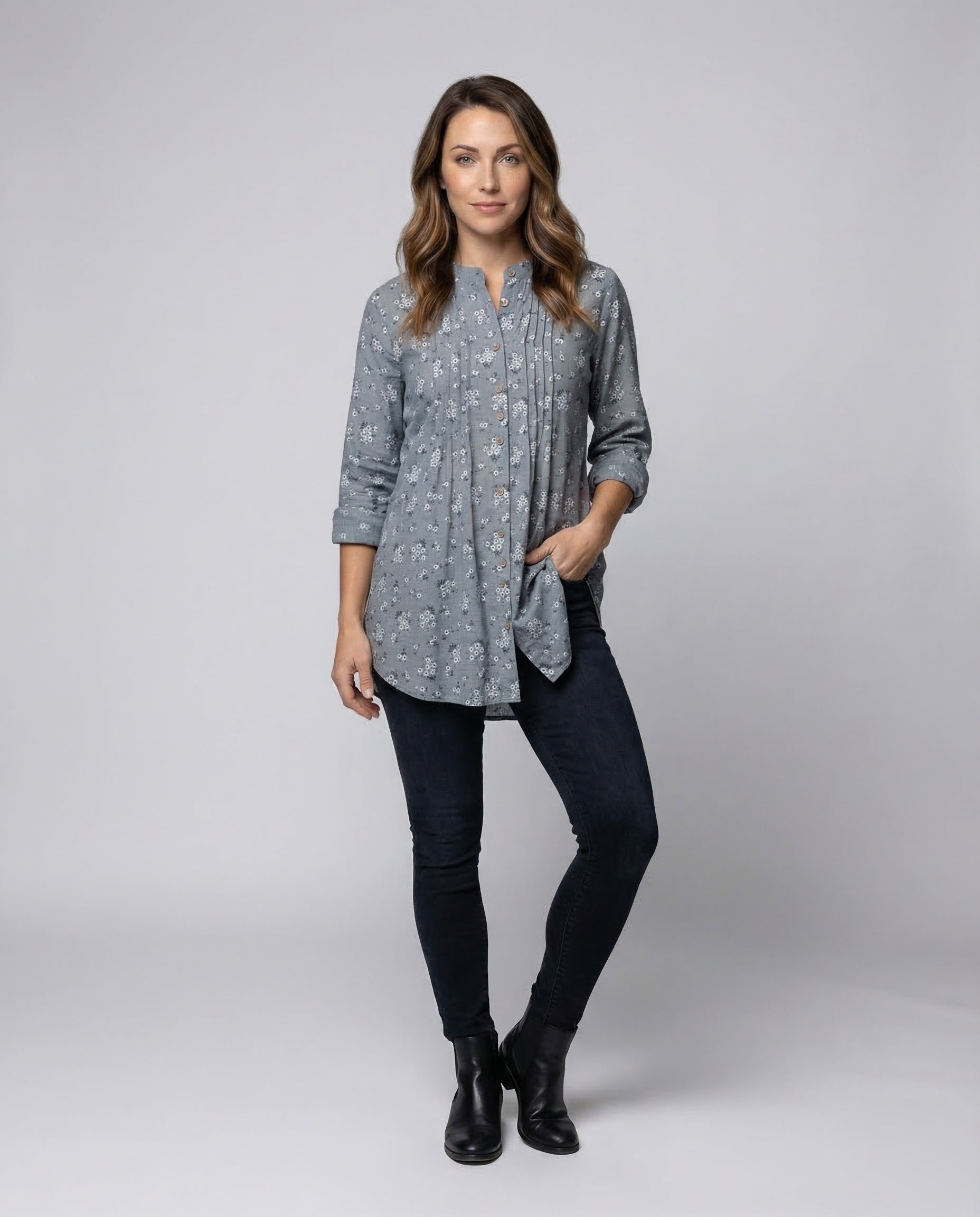 Damen Tunika Bluse Mandarin Kragen Lang - Eveloria
