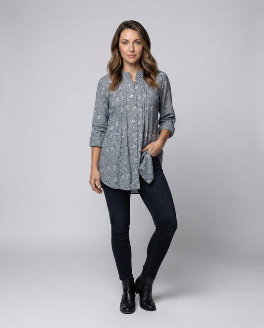 Damen Tunika Bluse Mandarin Kragen Lang - Eveloria