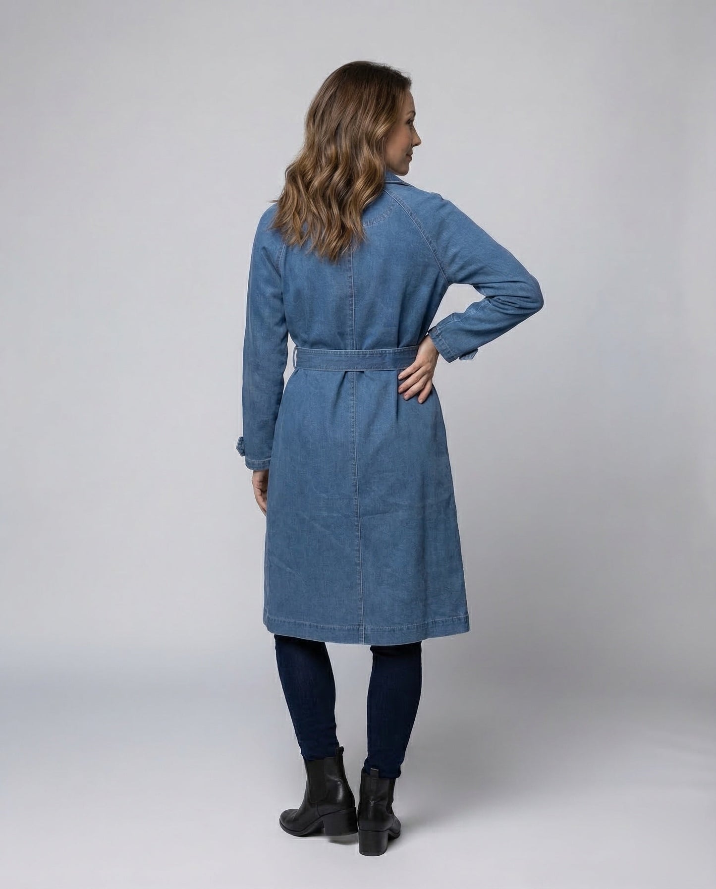 Damen Jeans-Trenchcoat Lang Taillengürtel