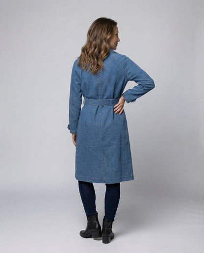 Damen Jeans-Trenchcoat Lang Taillengürtel