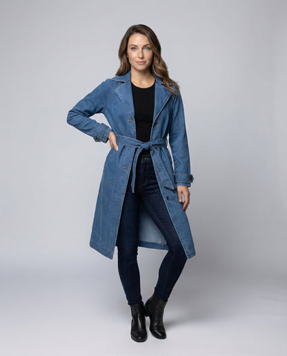 Damen Jeans-Trenchcoat Lang Taillengürtel - Eveloria