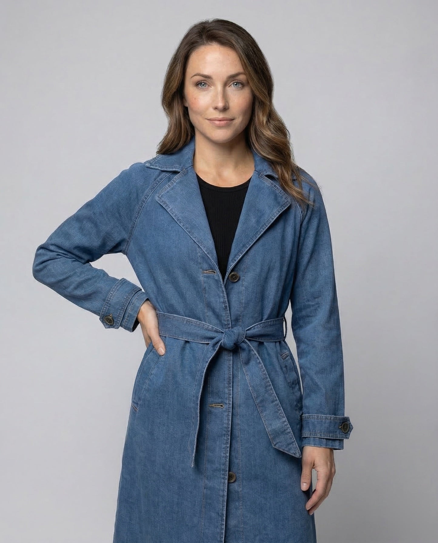 Damen Jeans-Trenchcoat Lang Taillengürtel