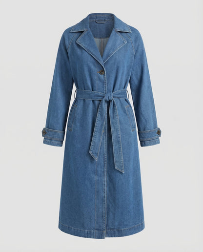 Damen Jeans-Trenchcoat Lang Taillengürtel