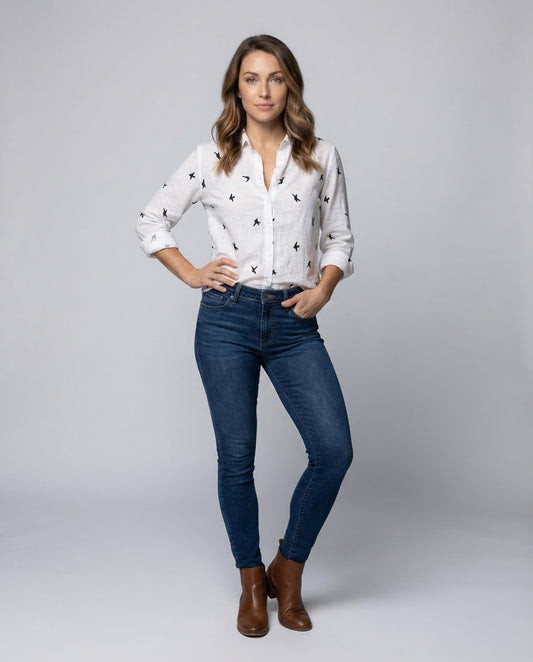 Damen Hemdbluse Leinenmisch mit Vogelstickerei - Eveloria