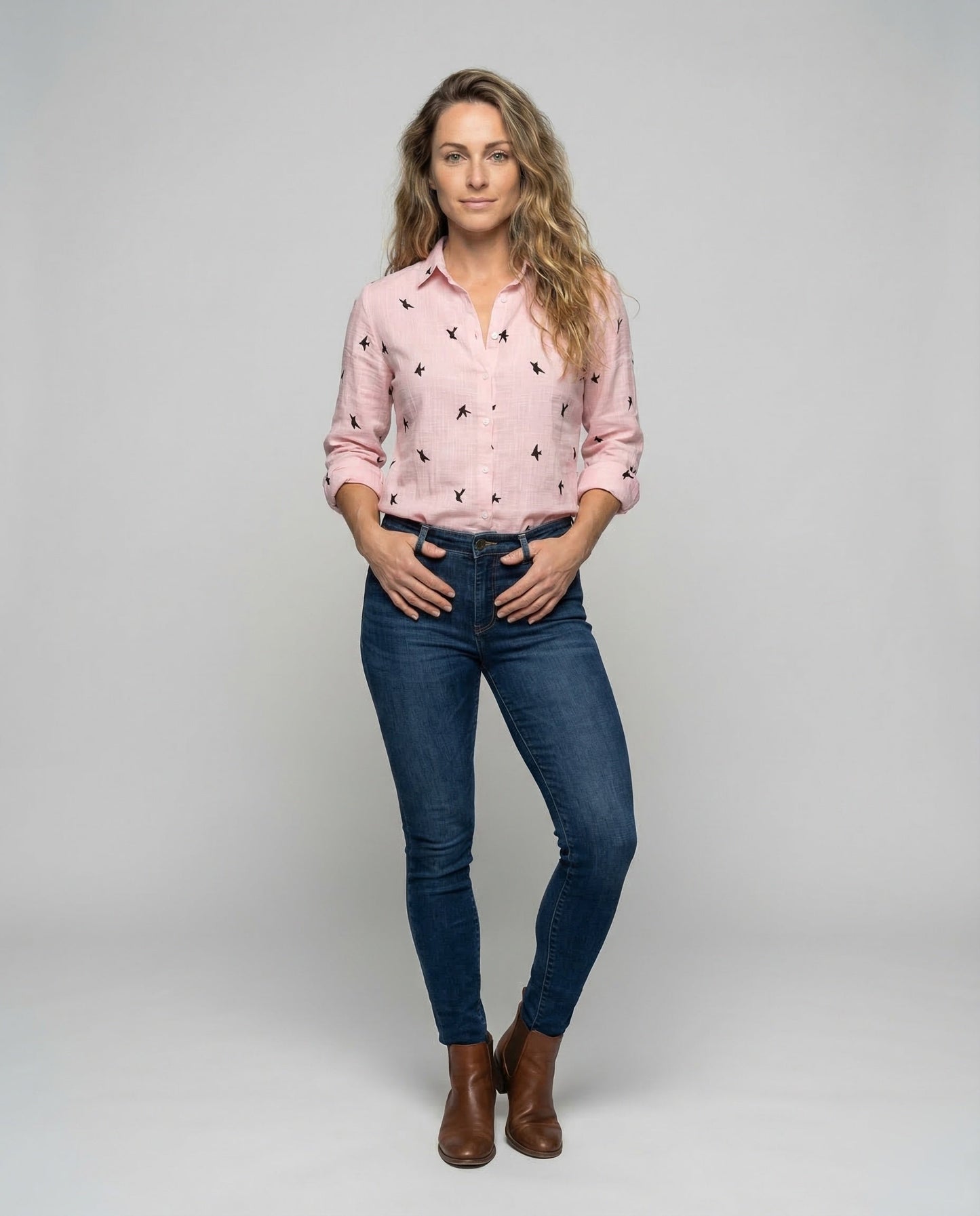 Damen Bluse mit Rüschenkragen Vogel-Print Musselin - Eveloria