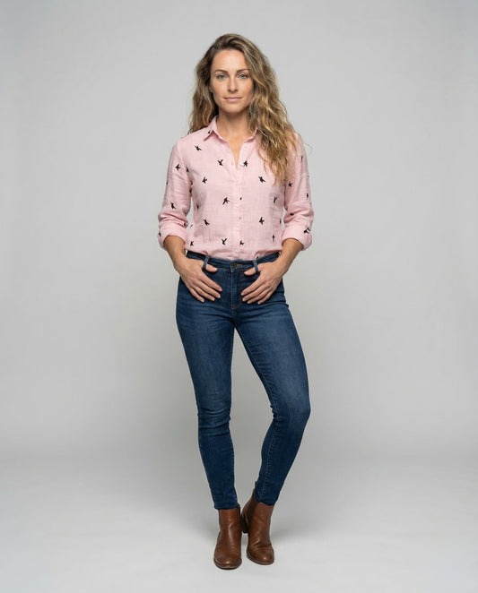Damen Bluse mit Rüschenkragen Vogel-Print Musselin - Eveloria