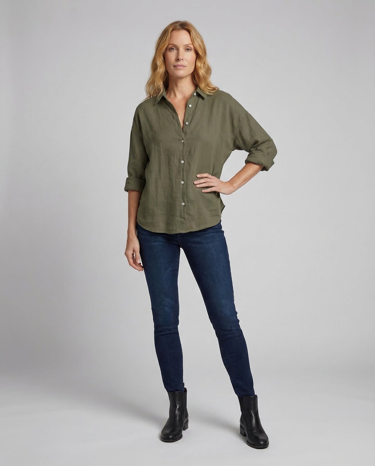 Damen Leinenbluse Weite Stehkragen - Eveloria