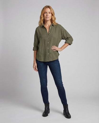 Damen Leinenbluse Weite Stehkragen - Eveloria