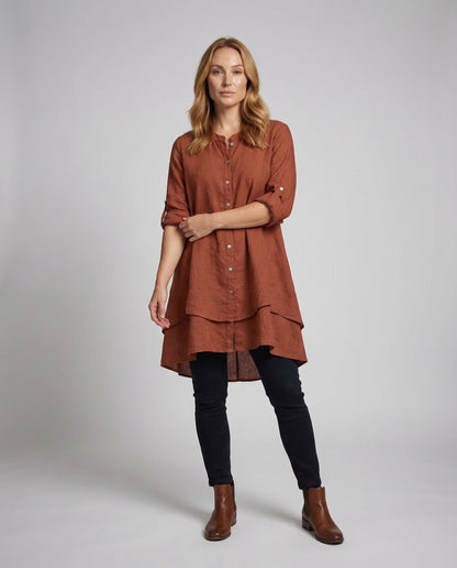 Damen Leinenkleid Stehkragen Stufen-Schnitt - Eveloria
