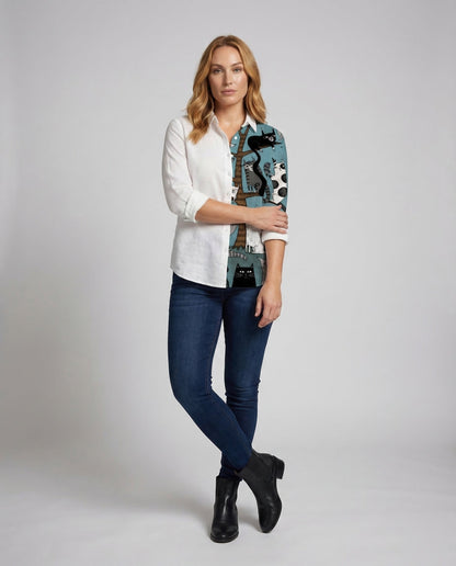Damen Leinenbluse Katzenprint V-Ausschnitt - Eveloria