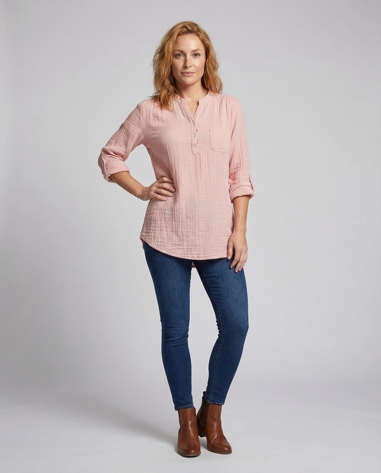 Damen Mullstoff Tunika Henley Stil - Eveloria