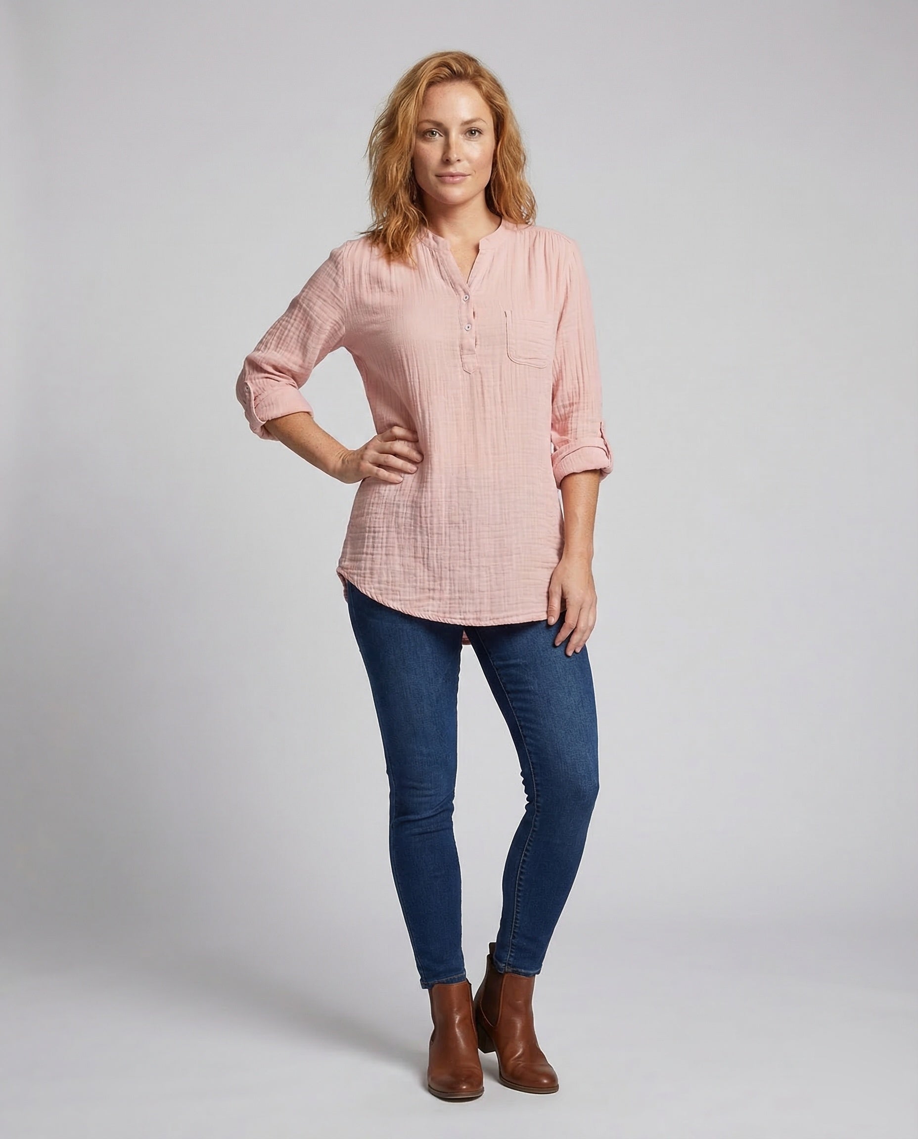 Damen Mullstoff Tunika Henley Stil - Eveloria
