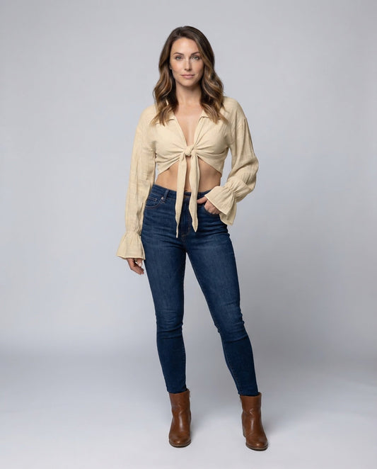 Damen Bluse Mit Knoten Hemdkragen Ballonärmel - Eveloria