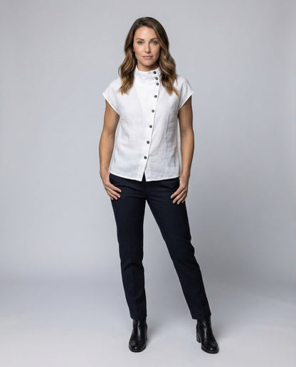 Damen Leinenbluse Asymmetrisch Knopfleiste Weiß - Eveloria