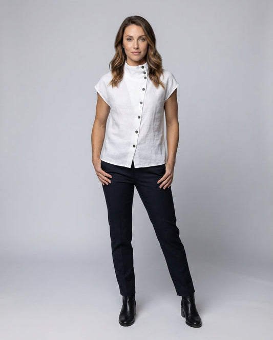 Damen Leinenbluse Asymmetrisch Knopfleiste Weiß - Eveloria