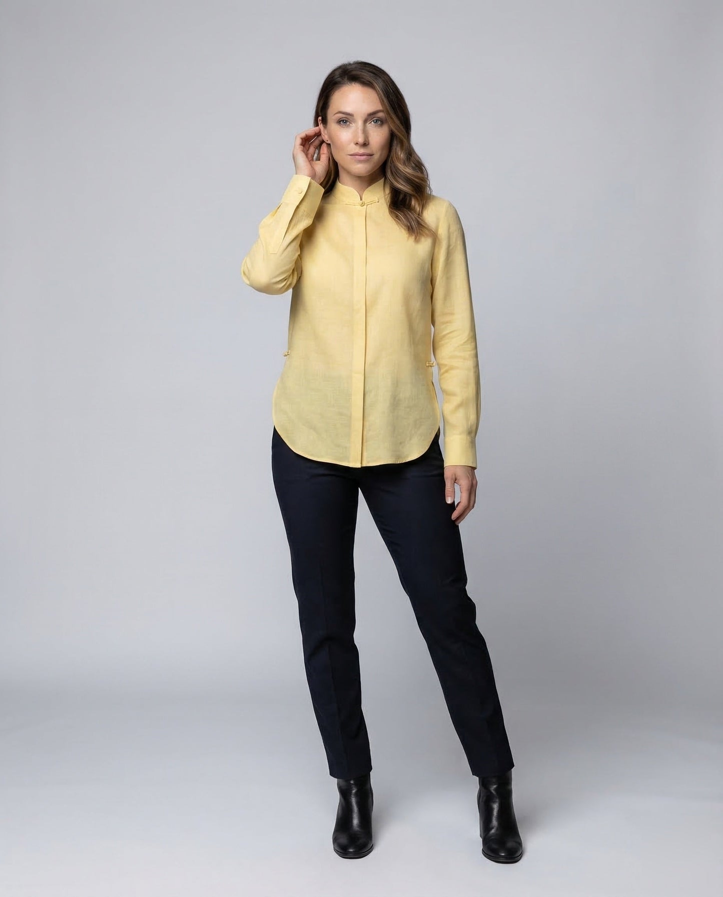 Damen Bluse Leinenmischstoff Knotenverschluss - Eveloria