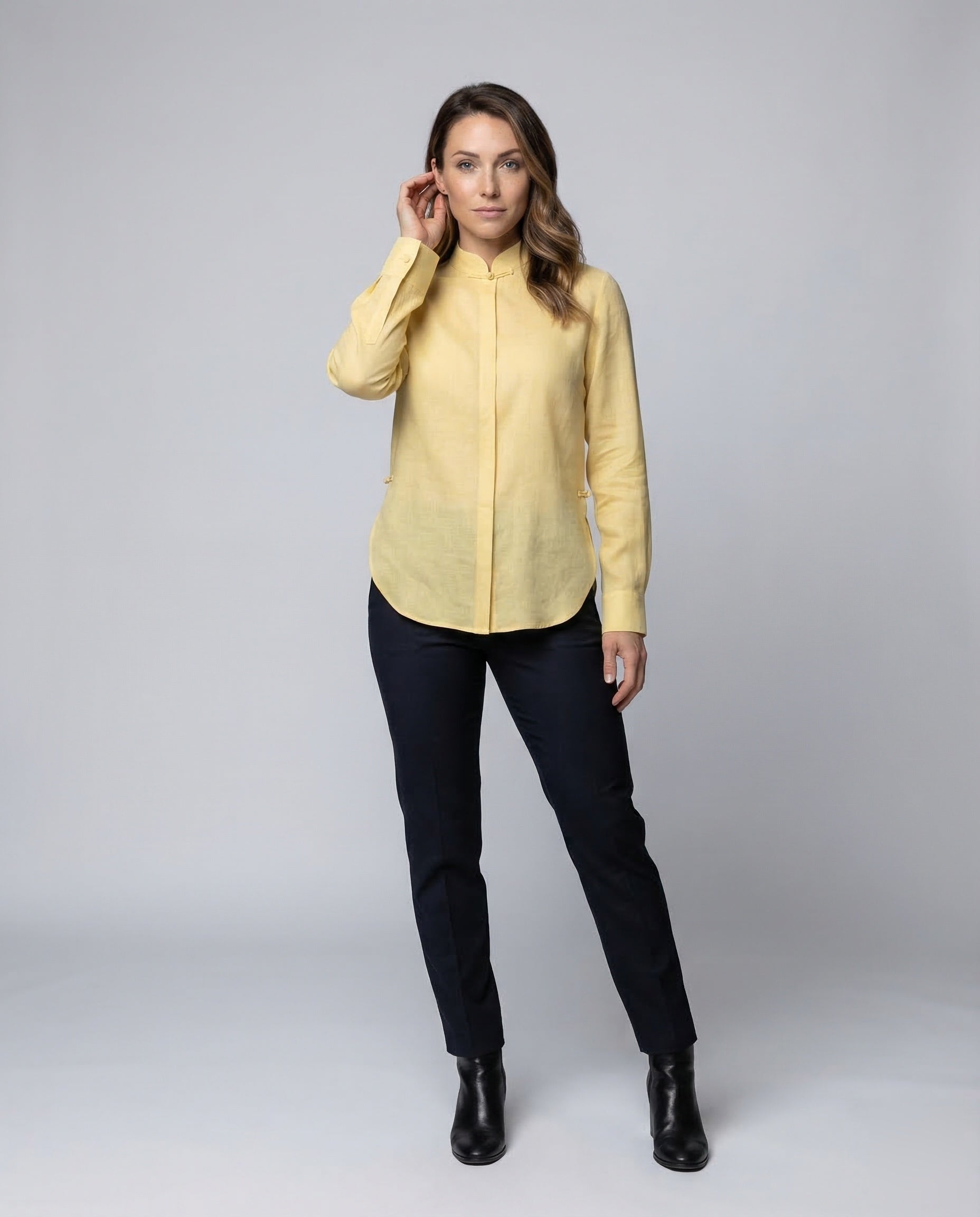 Damen Bluse Leinenmischstoff Knotenverschluss - Eveloria