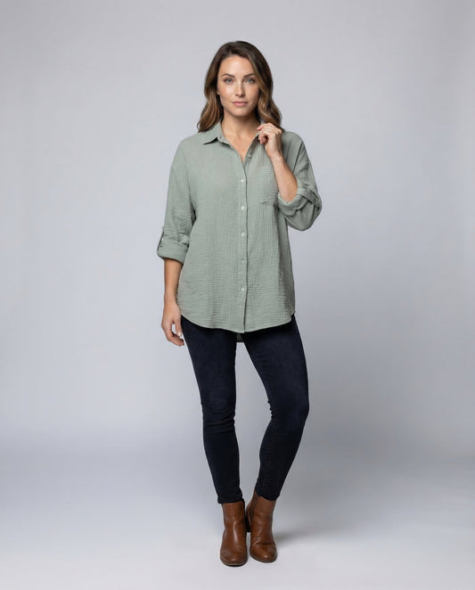 Damen Hemdbluse Musselin Krempelärmel - Eveloria