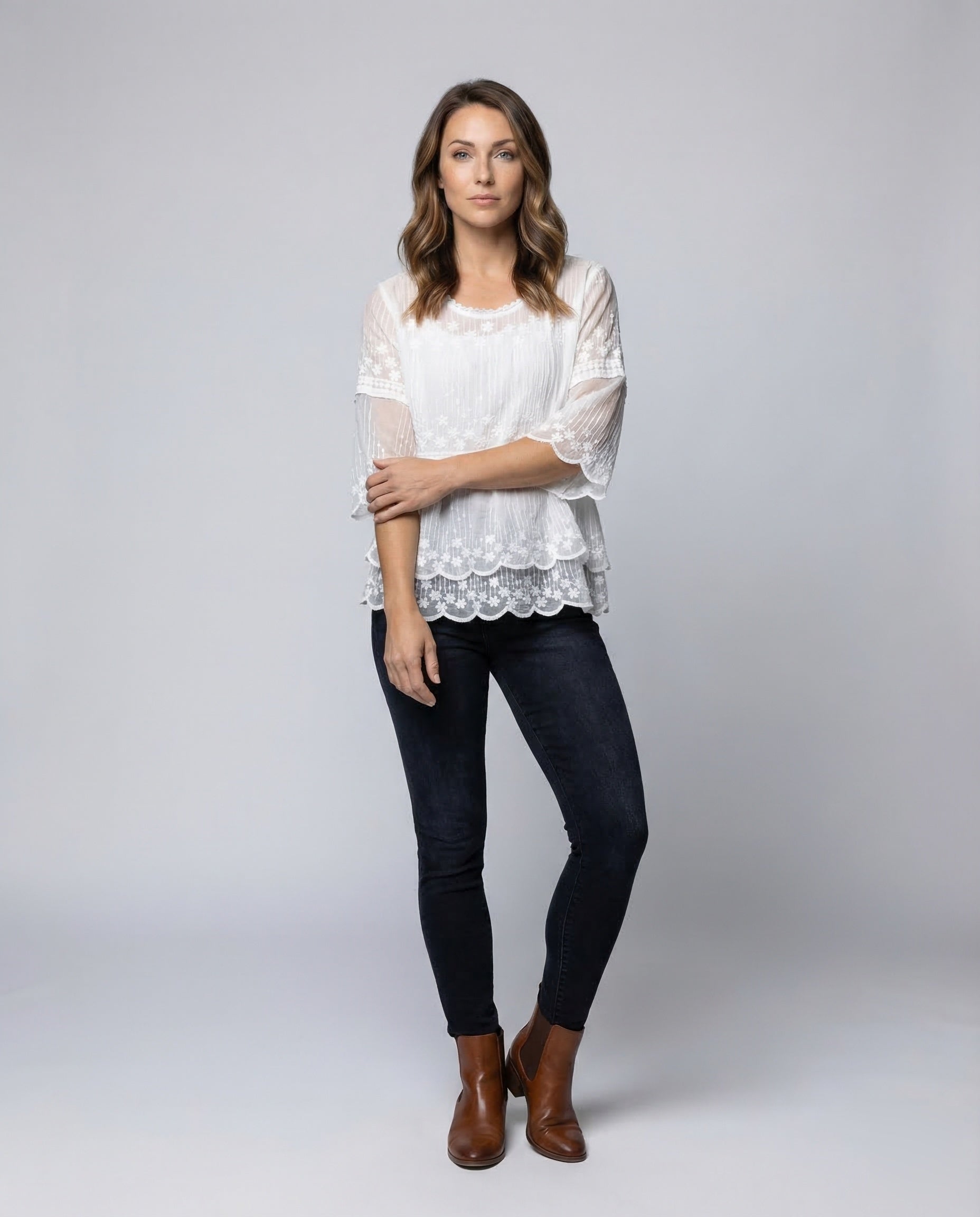 Damen Spitzenbluse Knitteroptik Stickkante Weiß - Eveloria