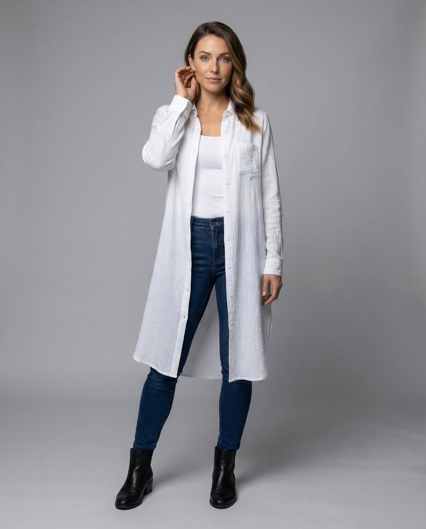 Damen Gaze-Mantelhemd Baumwolle Knitterstruktur - Eveloria