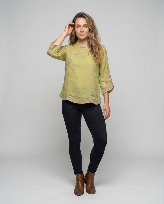 Damen Hemd Florale Stickerei Mandarin-Kragen - Eveloria