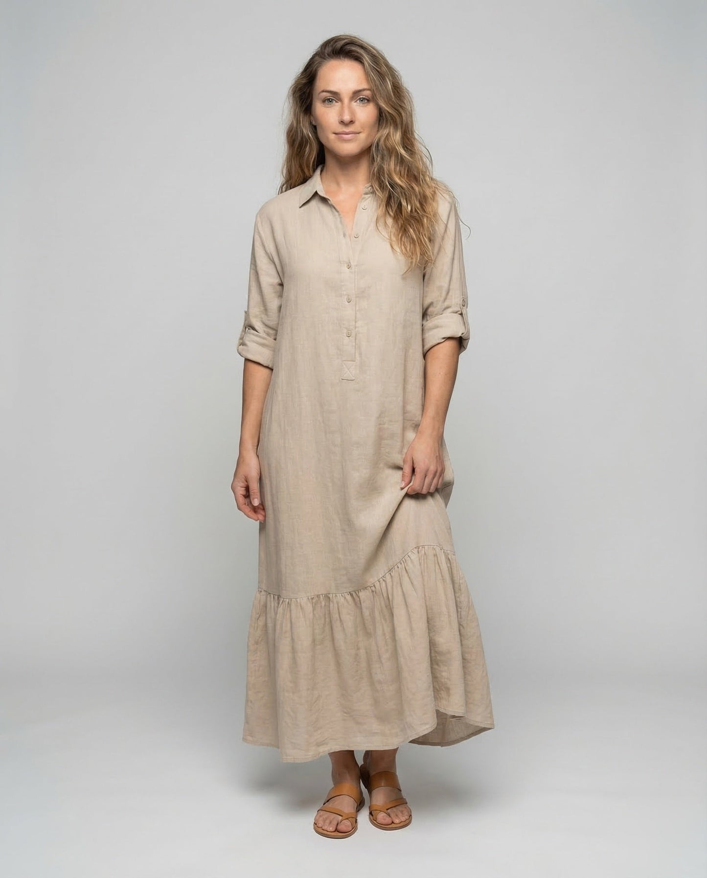 Damen Maxikleid Leinenoptik Volantsaum - Eveloria