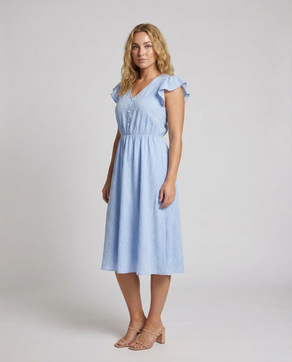 Damen Midikleid V-Ausschnitt Volantärmel - Eveloria