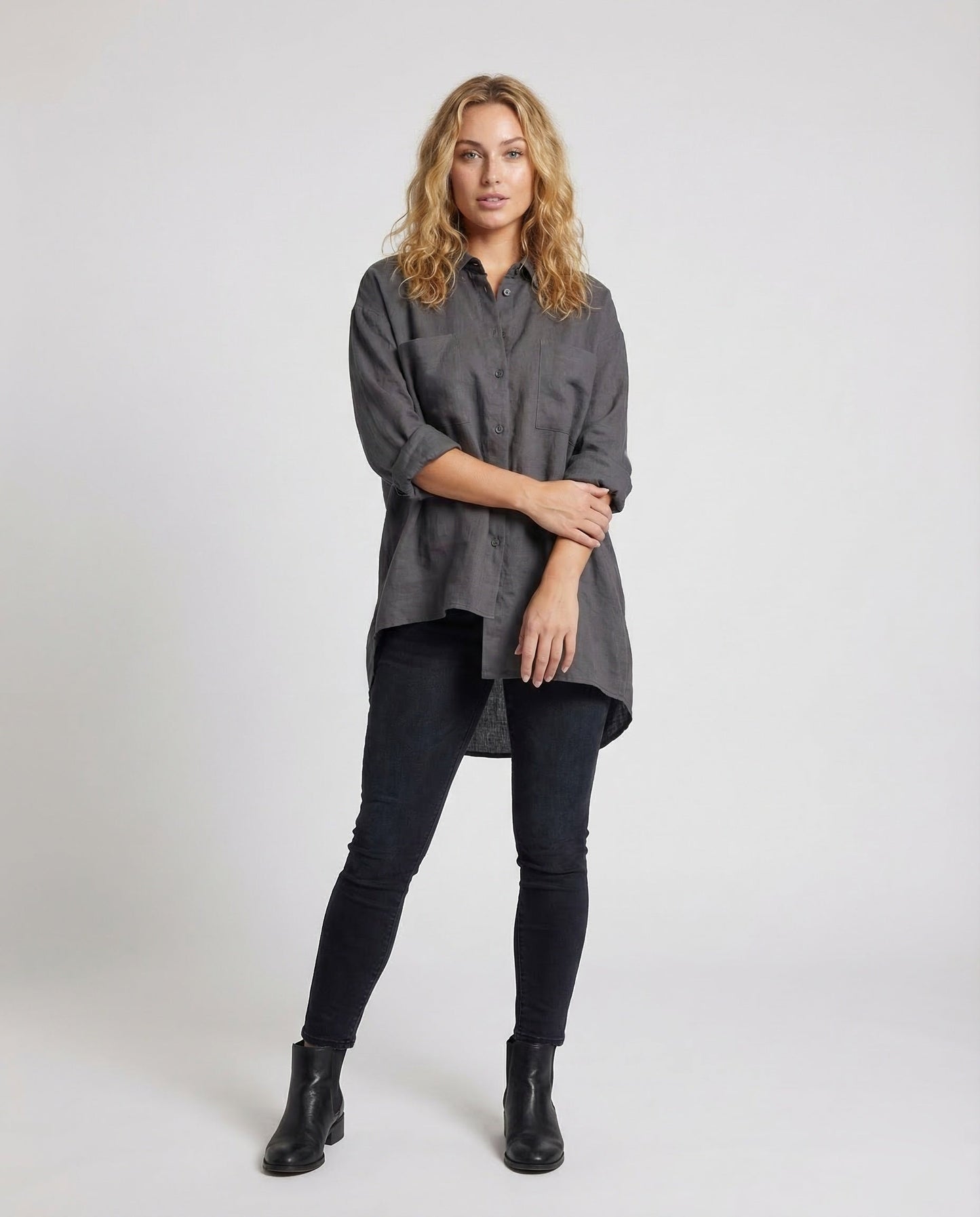 Damen Oversize Longbluse Asymmetrischer Saum - Eveloria