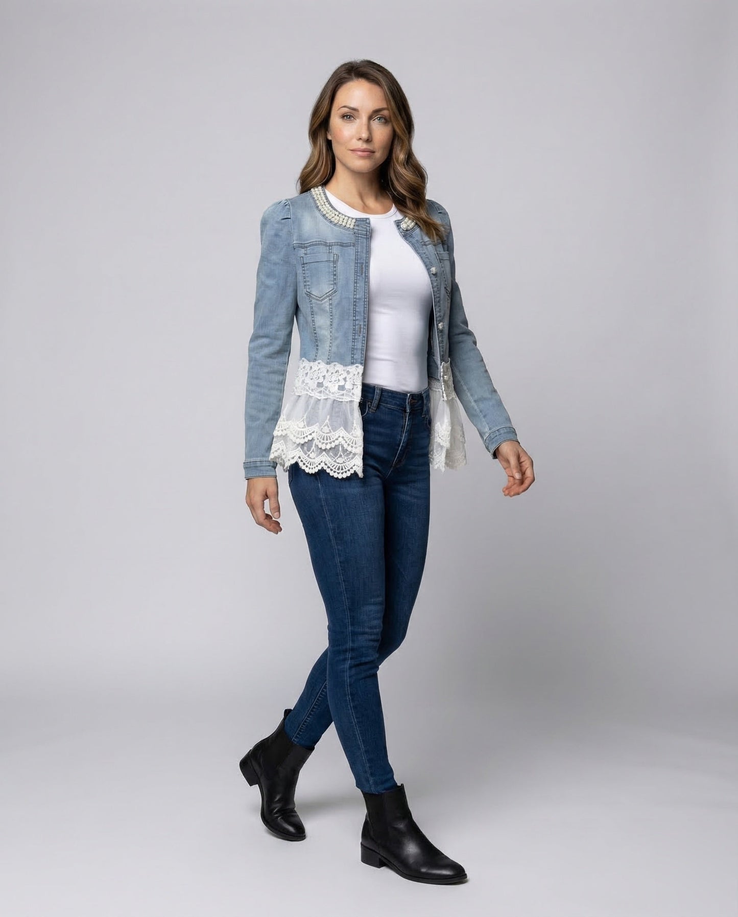 Damen Denim-Blusenjacke mit Spitze - Eveloria