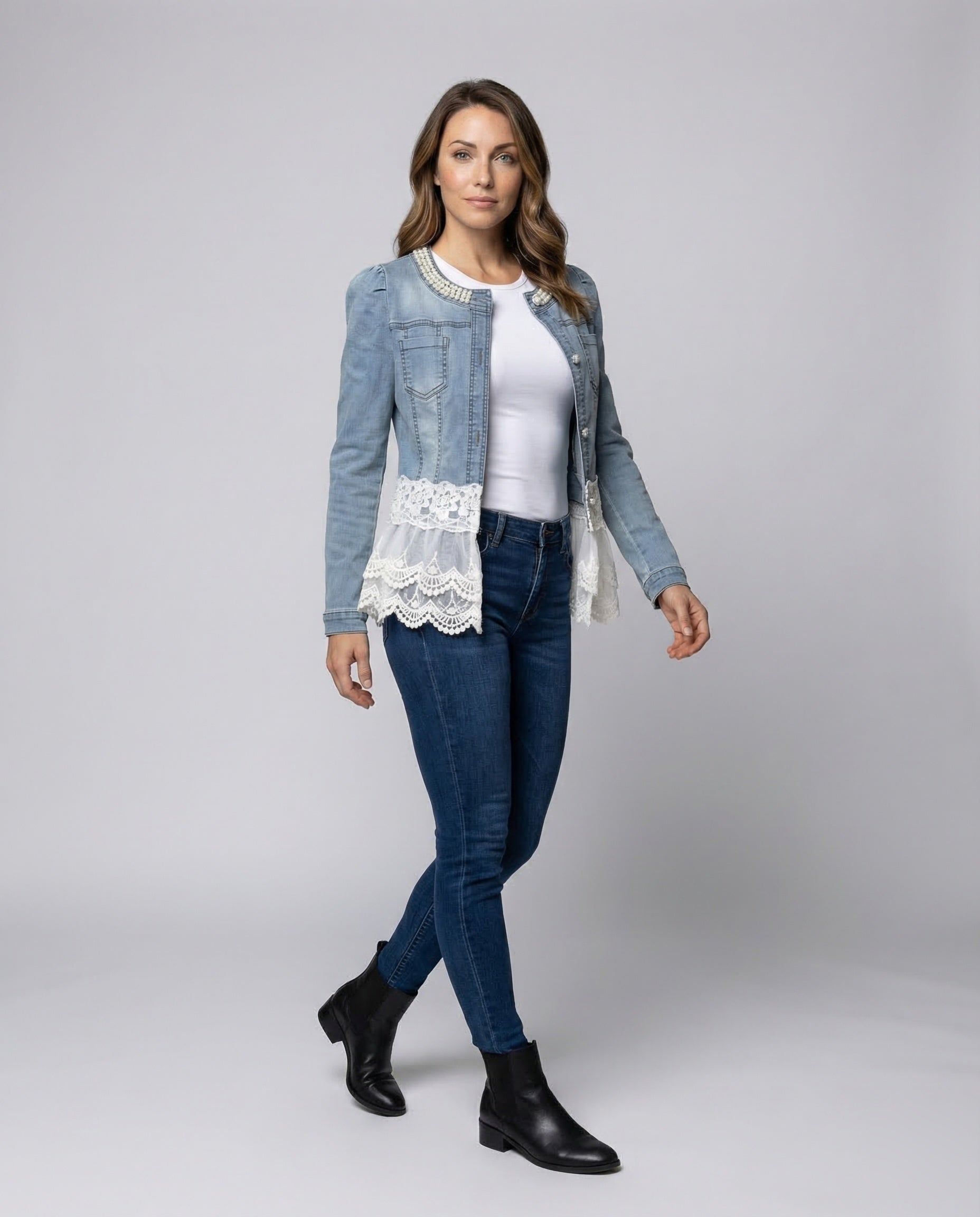 Damen Denim-Blusenjacke mit Spitze - Eveloria