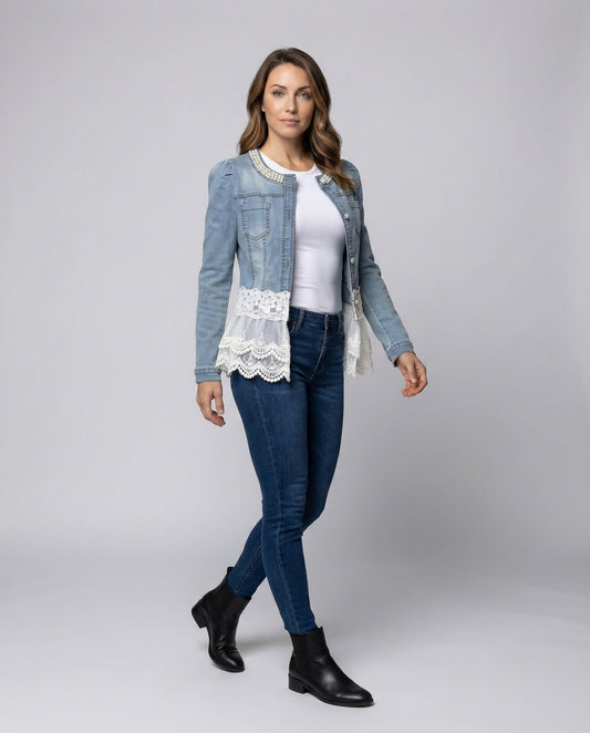 Damen Denim-Blusenjacke mit Spitze - Eveloria