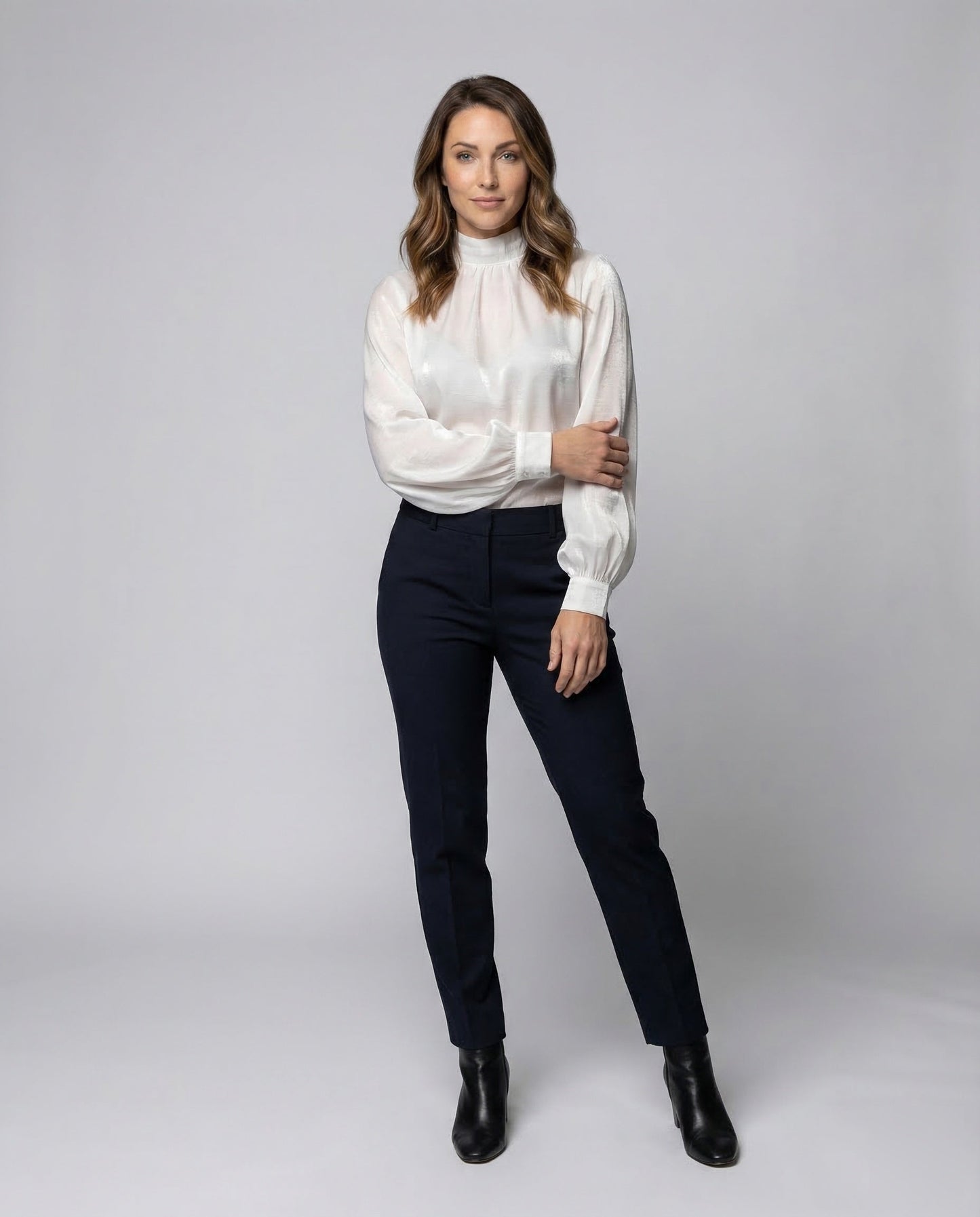 Damen Bluse Seide Geraffter Stehkragen - Eveloria