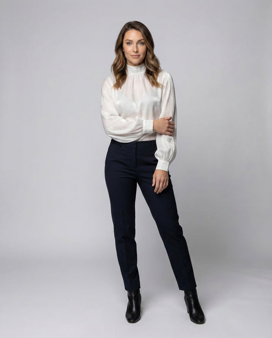 Damen Bluse Seide Geraffter Stehkragen - Eveloria