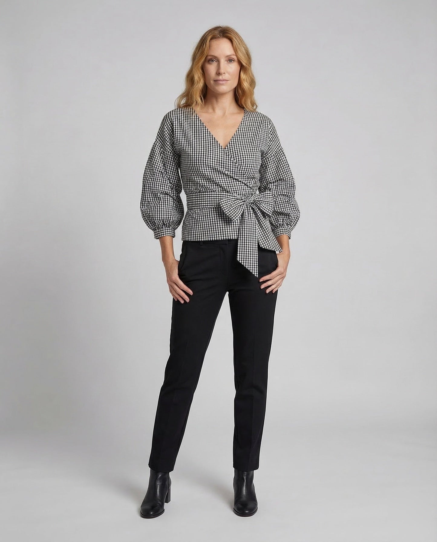 Damen Karo Bluse mit Taillenschärpe - Eveloria