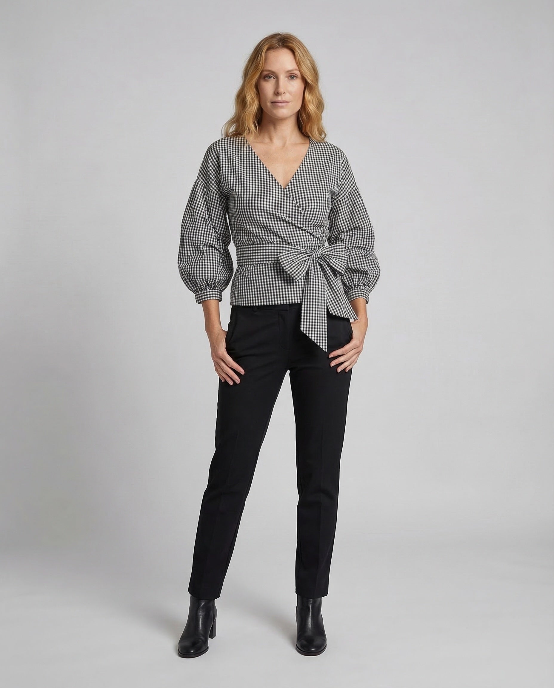 Damen Karo Bluse mit Taillenschärpe - Eveloria