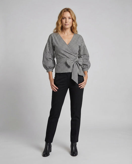 Damen Karo Bluse mit Taillenschärpe - Eveloria