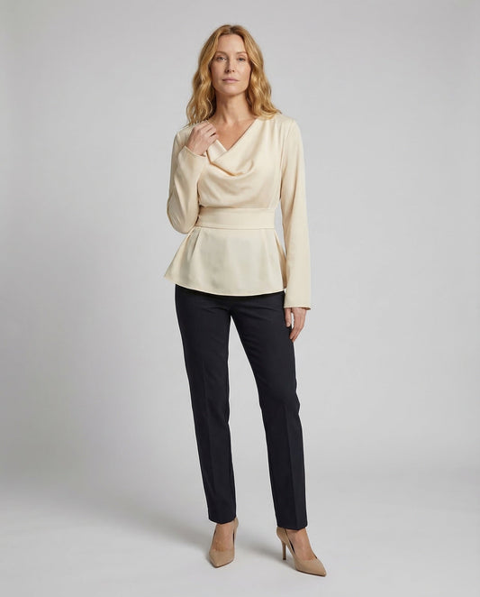 Damen Satinbluse Wasserfallkragen Glockenärmel - Eveloria