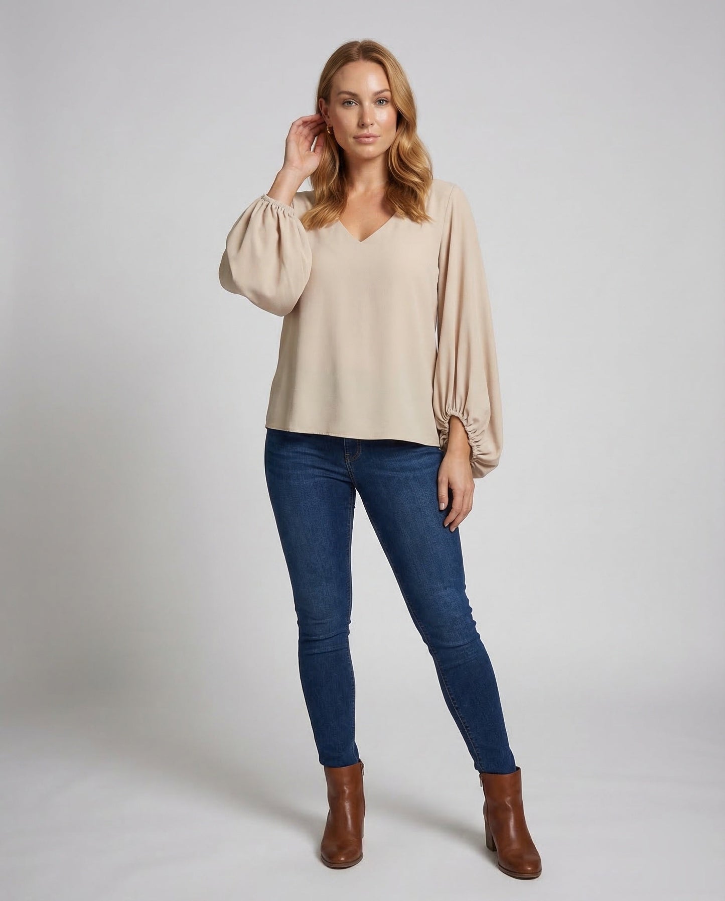 Damen Bluse Bischofsärmel Crêpe Weiss - Eveloria