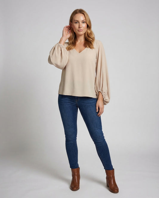 Damen Bluse Bischofsärmel Crêpe Weiss - Eveloria