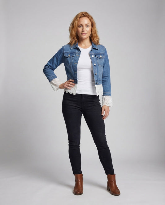 Damen Kurzjacke Jeans Lochstickerei Blau - Eveloria