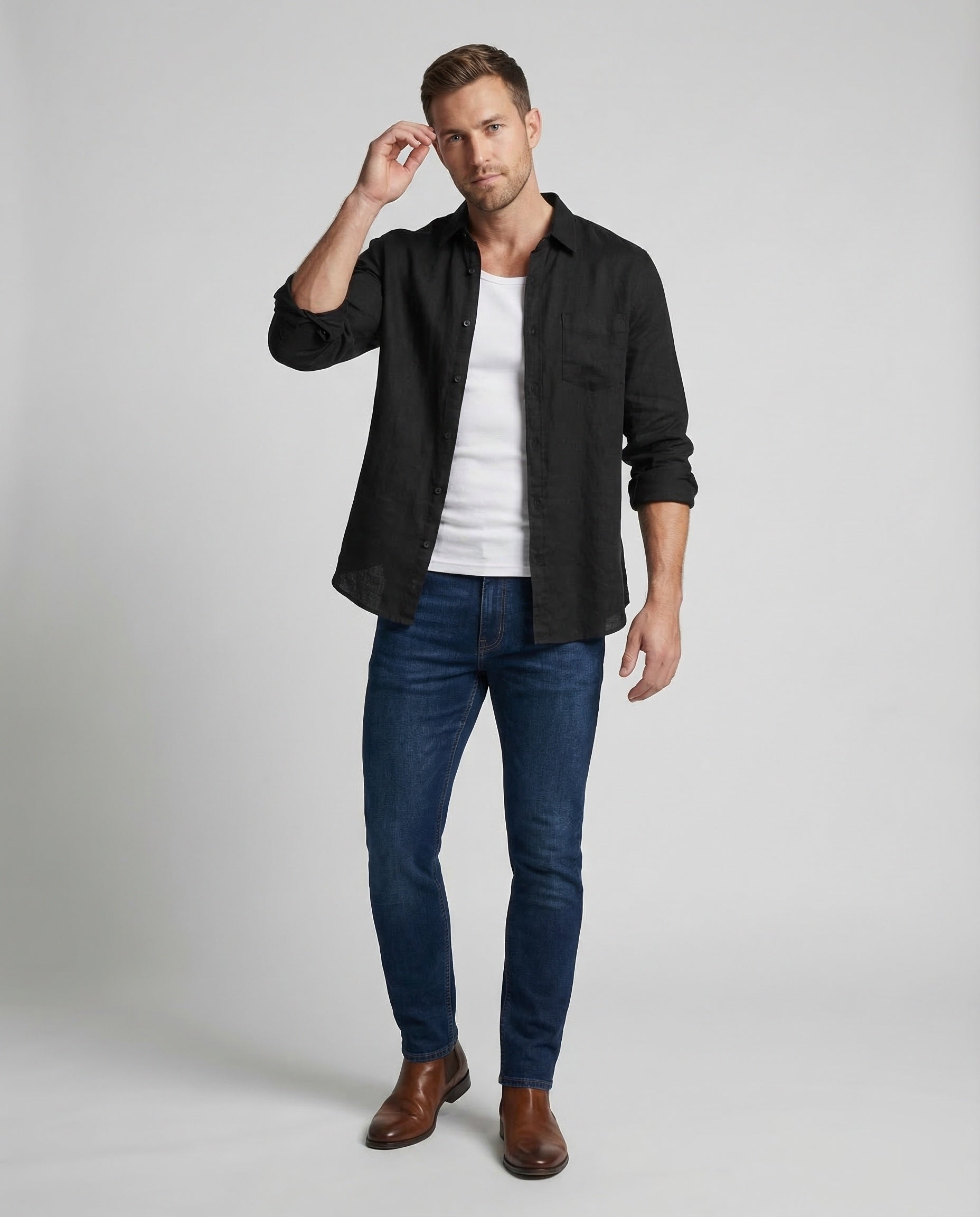 Herren Leinenhemd Offener Kragen Beige - Eveloria